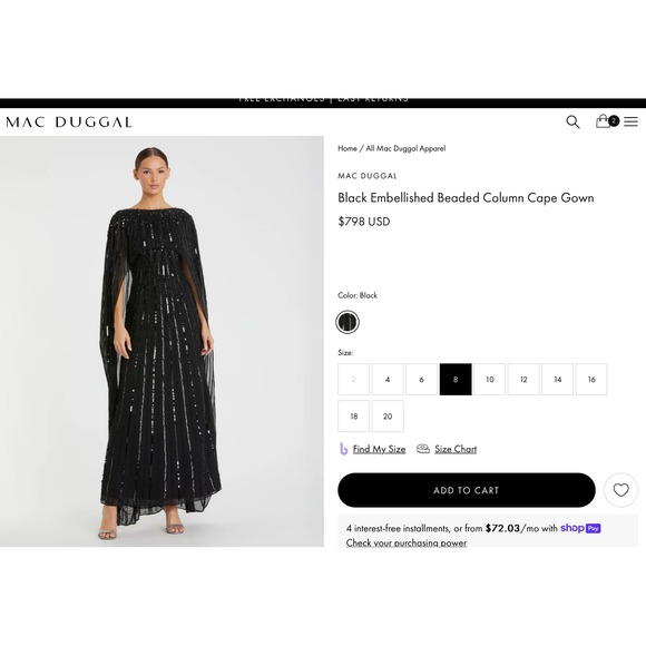 NWT $798‎ Mac Duggal [ 8 ] 93869 Beaded Embellished Column Cape Gown Black - Picture 3 of 6
